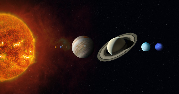 Sun and Solar System planets. Mercury, Venus, Earth, Mars, Jupiter, Saturn, Uranus, Neptune, Pluto and Sun. Parade of planets. High resolution images. Sci-fi background. \