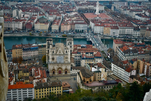 Beautiful photo of the old lyon district taken from the  Fourviere hill with the saint jean cathedral in the middle