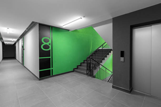istock Corridor hall interior, with front door and elevator in many apartment building, with mailboxes with green walls 1365127261