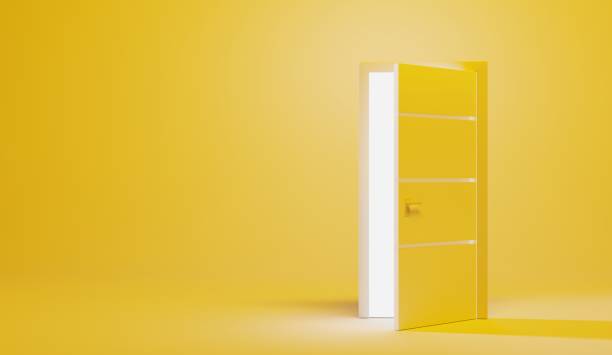 Opening door with white light, isolated on yellow background, front view. Creative illustration interior door in empty room, 3d render entrance doorway. Modern minimal concept. Opportunity metaphor
