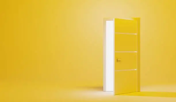 Photo of Opening door with white light, isolated on yellow background, front view. Creative illustration interior door in empty room, 3d render entrance doorway. Modern minimal concept. Opportunity metaphor