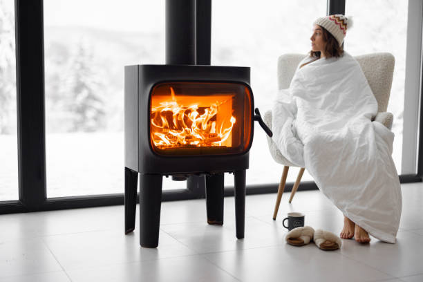 istock Woman at home with burning fireplace during wintertime on nature 1365127708