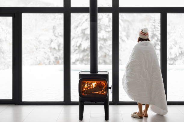 istock Woman at home with burning fireplace during wintertime on nature 1365127716