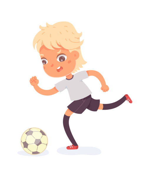 junge läuft mit ball bei fußball-praxis. glückliches kleines kind, das sport in einheitlicher vektor-illustration spielt. lächelndes kind läuft mit ball vor dem fuß auf wei�ßem hintergrund - soccer ball running sports uniform red stock-grafiken, -clipart, -cartoons und -symbole