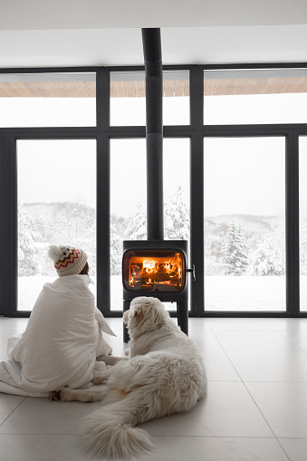 Woman sitting with her dog by the fireplace at modern house on nature during winter time. Concept of winter mood and comfort at home. Girl in hat covered with blanlet