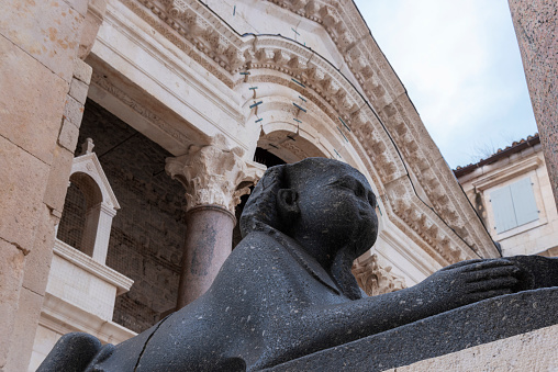 Statue of sphinx at the Peristyle square. Diocletian Palace, ancient palace built for the Roman emperor Diocletian, Split, Croatia.