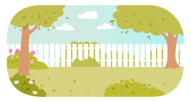 summer yard with wooden fence and garden, nature village scene, home backyard landscape - backyard stock illustrations