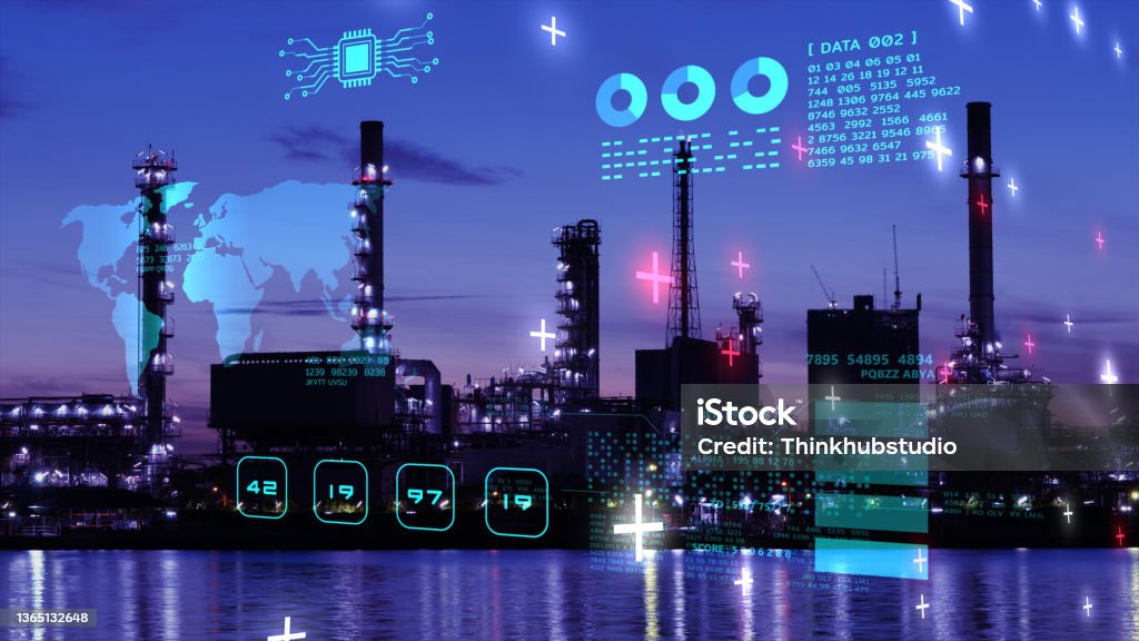 Smart city power energy industry sustainable oil gas plant control IOT internet of thing ICT digital technology futuristic, automation management smart digital technology security and database Industry Stock Photo