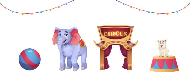 ilustrações de stock, clip art, desenhos animados e ícones de cartoon circus elements with animals and and entrance to cirque - dog set humor happiness