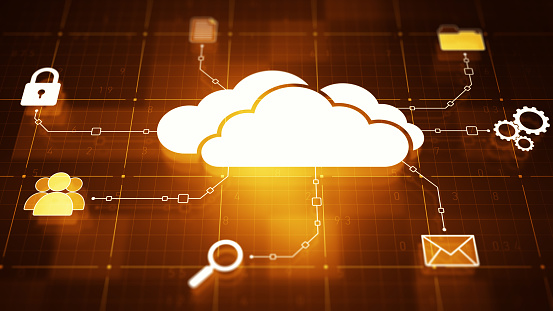 Cloud computing concept. Cloud with computer icons on digital background
