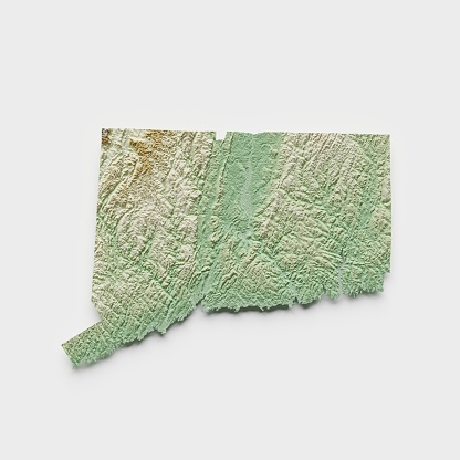 3D render of a topographic map of Connecticut. All source data is in the public domain. SRTM data courtesy of the U.S. Geological Survey (https://search.earthdata.nasa.gov/search/granules?p=C1000000240-LPDAAC_ECS&pg[0][v]=f&pg[0][gsk]=-start_date&q=srtm%201%20arc&tl=1640787673!3!!&m=11.7421875!-80.859375!2!1!0!0%2C2). Map rendered using QGIS and Blender software.