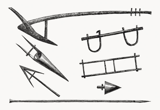 Ancient farming implements in Asia Minor. Wood engravings, published in 1862.