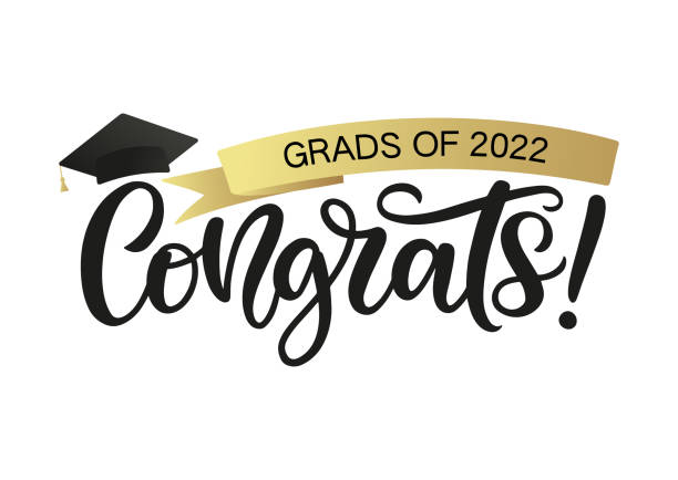 Graduates of 2022 Congrats typography poster. Hand-sketched graduation sign decorated by academic cap and golden ribbon. Festive design for graduation celebration party, cards, yearbook. graduation stock illustrations