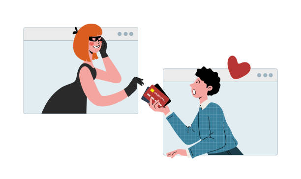 stockillustraties, clipart, cartoons en iconen met a girl thief tricks a guy and tries to steal his credit card data.cheating on a dating site. - cybercrime children