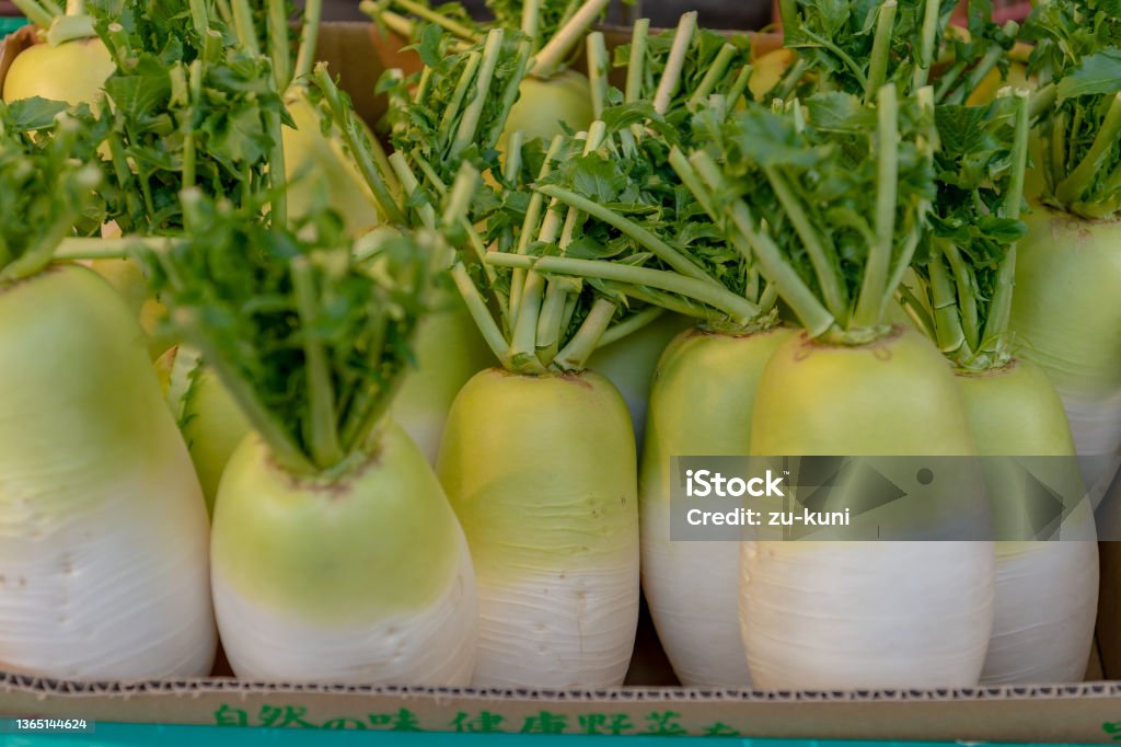 Radishes sold in a shopping street in Yanaka, Taito Ward, Tokyo. Agriculture Stock Photo