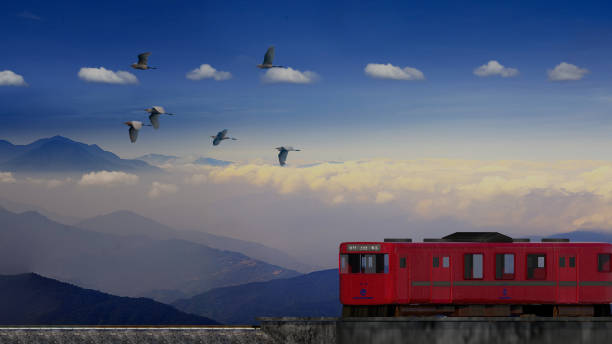 3d rendering of beautiful train and station with nice mountain