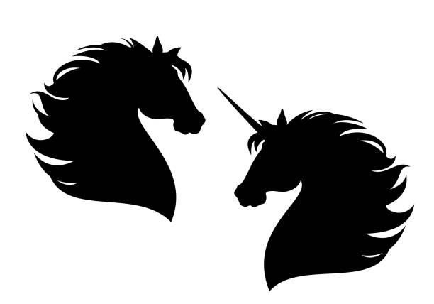 ilustraciones, imágenes clip art, dibujos animados e iconos de stock de semental mustang y cuento de hadas unicornio perfil de cabeza de caballo blanco y negro silueta vectorial - unicornio cabeza