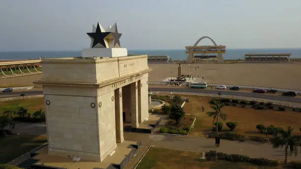 Aerial view of Black Star Square, also known as Independence Square in Accra, with the Atlantic Ocean seen in the background