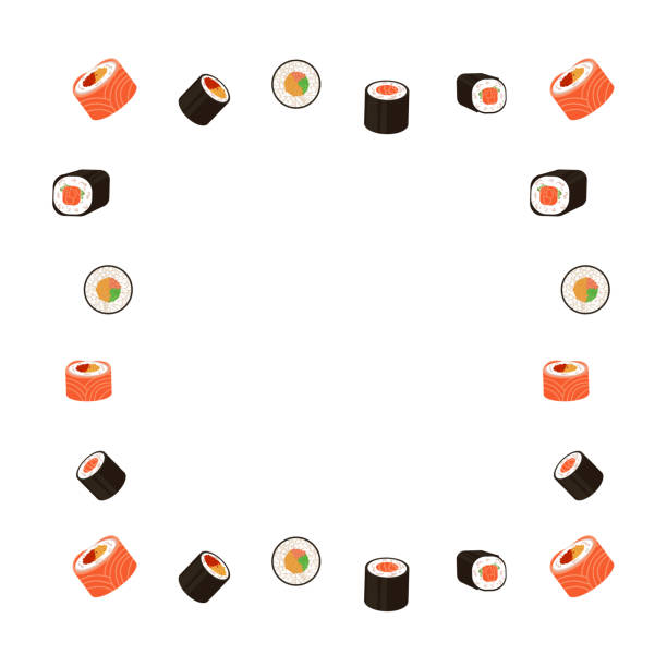 Vector Sushi Frame, Colorful Illustration, Cartoon Style Different Rolls Isolated, Japanese Cuisine. Vector Sushi Frame, Colorful Illustration, Cartoon Style Different Rolls Isolated on White Background, Japanese Cuisine. cartoon of the sushi plate stock illustrations
