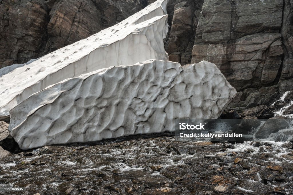 Large Chunk Of Snow Below Timberline Falls Large Chunk Of Snow Below Timberline Falls in Rocky Mountain National Park Cliff Stock Photo
