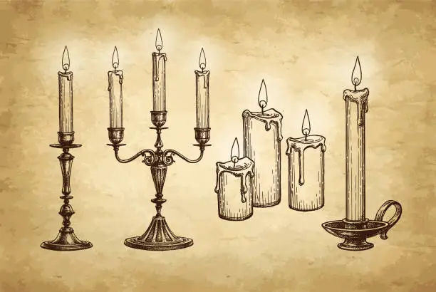 Vector illustration of Burning candles ink sketch set.