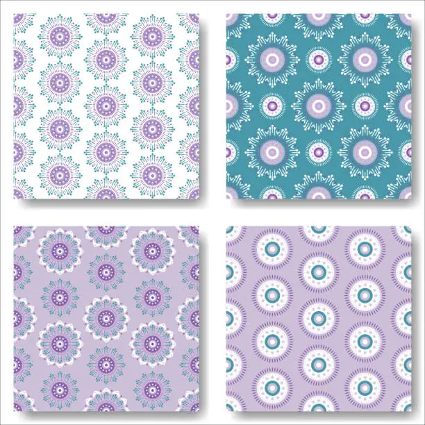 Vector illustration of Boho style seamless pattern set. Cute and cozy cottagecore vector backgrounds