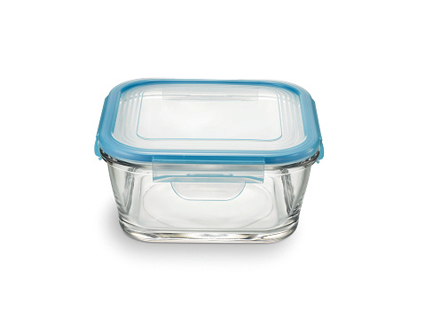 Front view of glass food storage container square shaped, isolated