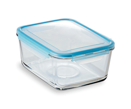 Front view of glass food storage container rectangular shaped, isolated