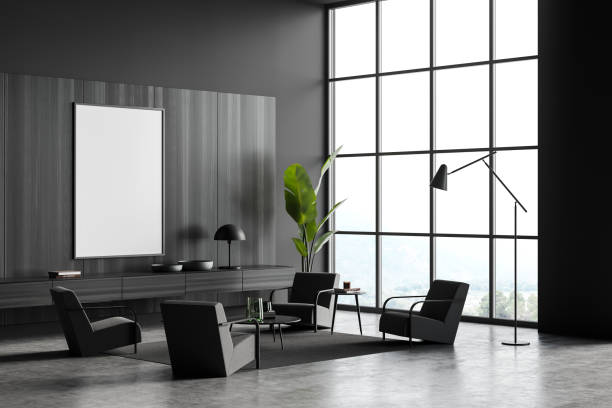 istock Dark guest room interior with armchairs and panoramic window, mockup poster 1365154116
