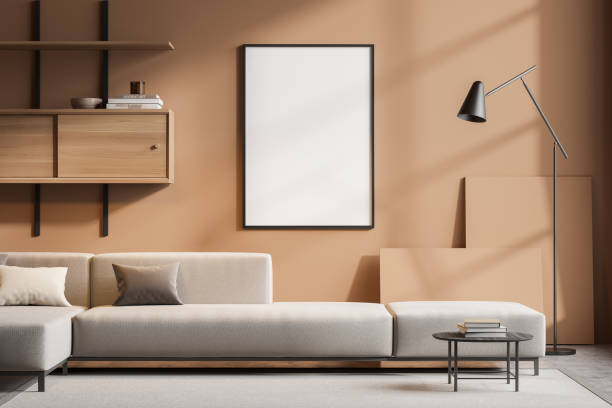 istock Bright living room interior with empty white poster, large sofa 1365154258