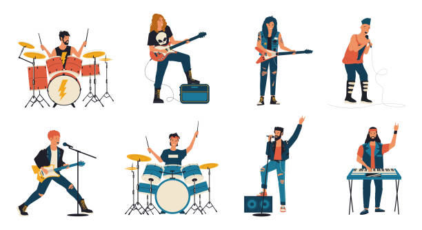 ロックバンドのキャラクター。ロック音楽、メタルバンドメンバーを演奏する漫画のギター奏者、ボーカリスト、ドラマー。ベクトル競技ロックショー独立セット - drum点のイラスト素材／クリップアート素材／マンガ素材／アイコン素材