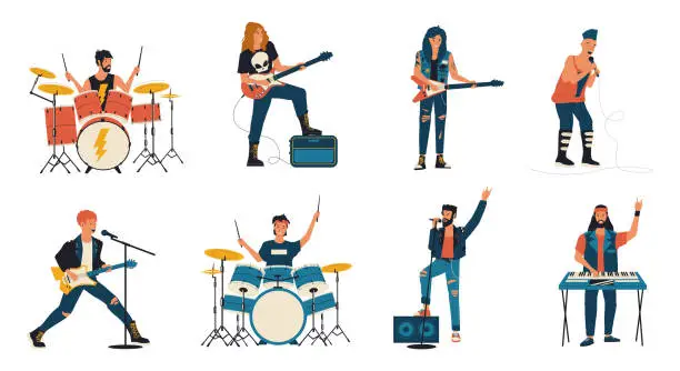 Vector illustration of Rock band characters. Cartoon guitar player, vocalist and drummer playing rock music, metal band members. Vector competition rock show isolated set