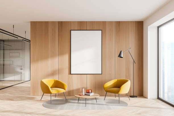 istock Empty white mockup in yellow seating area with office background 1365154305