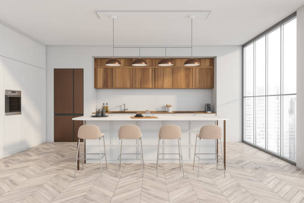 istock Light kitchen set interior with table and four seats, shelves and panoramic window 1365154439