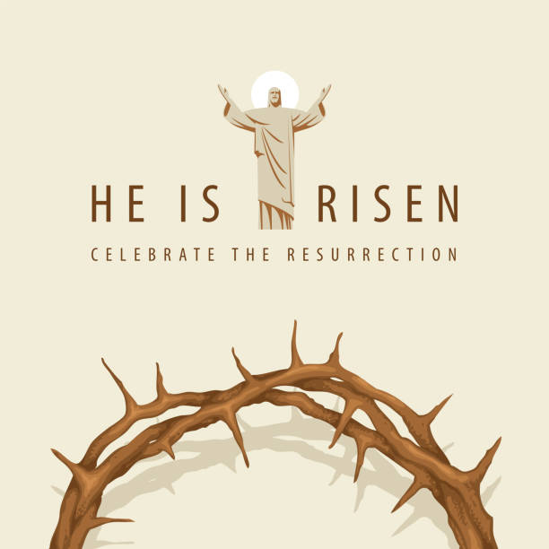 Religious banner with jesus and crown of thorns Easter banner or greeting card with a crown of thorns and the resurrected Jesus Christ with outstretched arms. Conceptual religious illustration with the words He is risen, celebrate the resurrection thorn wreath stock illustrations