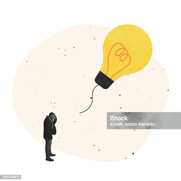 Contemporary Art Collage Desperate Businessman Standing In Front Of Lighbulb Baloon Flying Away Stock Photo - Download Image Now