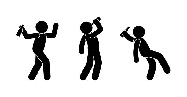 ilustrações de stock, clip art, desenhos animados e ícones de stick figure drunk man, set of stickman with alcohol bottle, alcoholism icon - drunk
