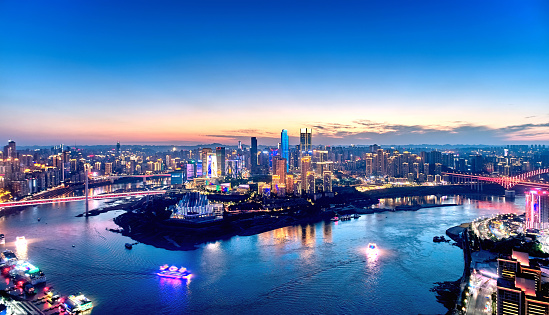 Aerial view of Chongqing cityscape at sunset sky, China.