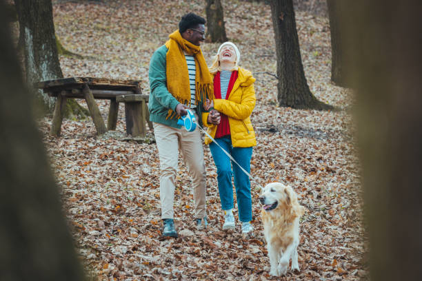 istock Couple with pet dog relaxing while hiking at forest. 1365156077
