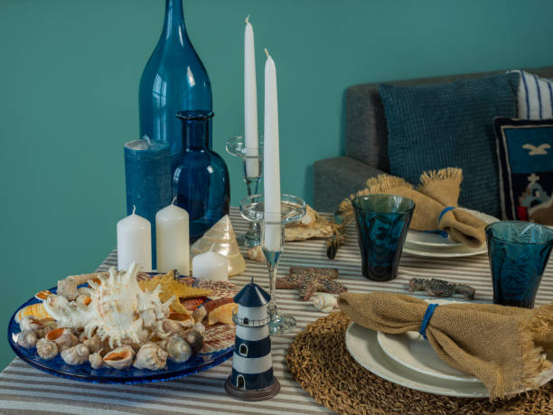 istock Marine style in the interior, table setting in a sea style 1365156266