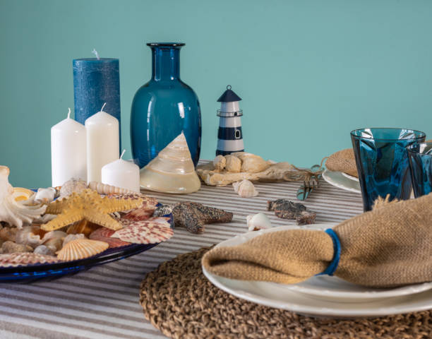 istock Marine style in the interior, table setting in a sea style 1365156273