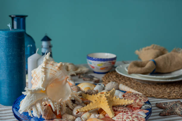 istock Marine style in the interior, table setting in a sea style 1365156295