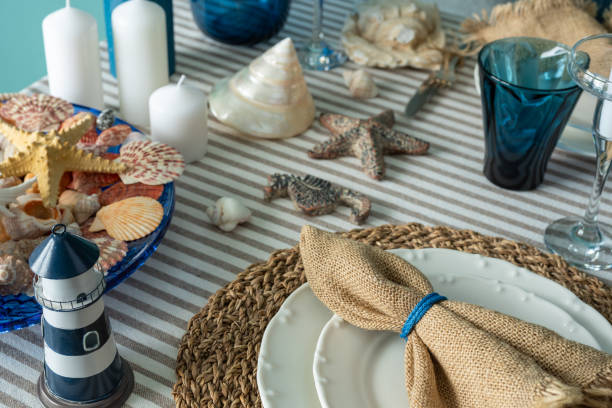 istock Marine style in the interior, table setting in a sea style 1365156302