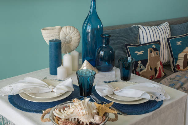 Marine style in the interior, table setting in a sea style