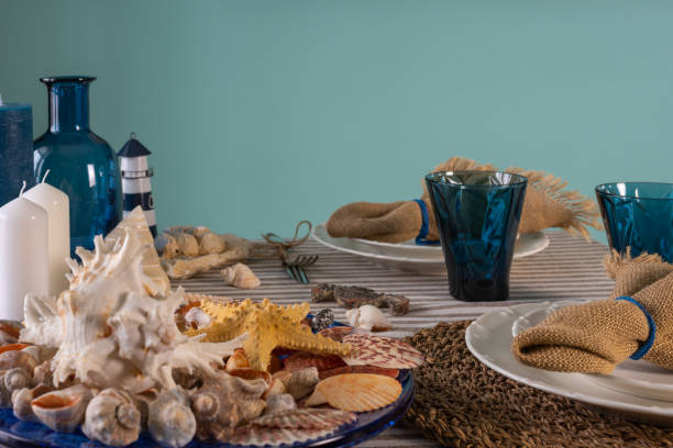 istock Marine style in the interior, table setting in a sea style 1365156820