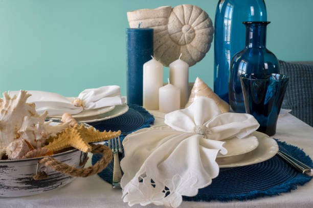 istock Marine style in the interior, table setting in a sea style 1365156857