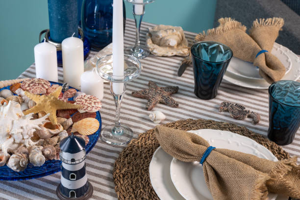 istock Marine style in the interior, table setting in a sea style 1365156860