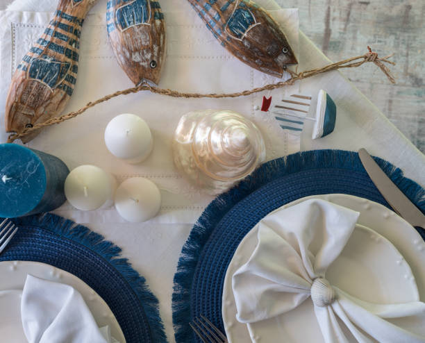 istock Marine style in the interior, table setting in a sea style 1365156901