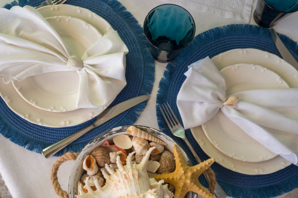 istock Marine style in the interior, table setting in a sea style 1365156903