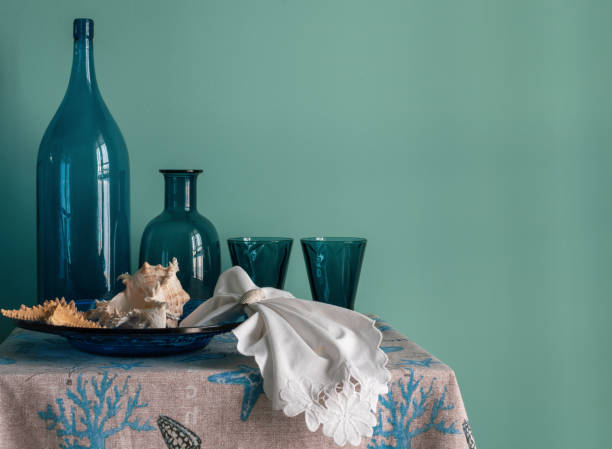 istock Blue glassware on the table, marine style in the interior 1365156924